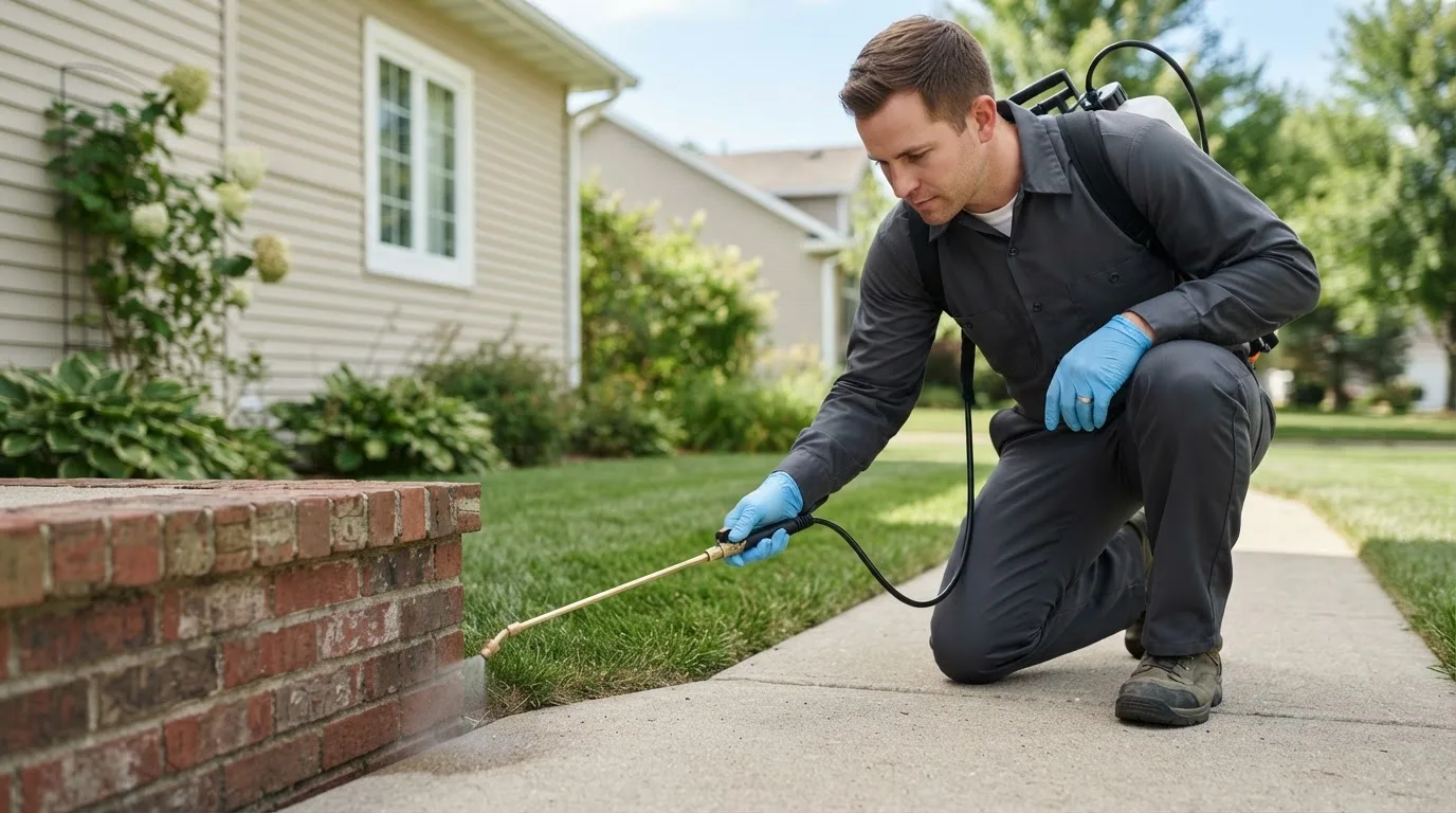 Pest control technician treating a home near Latham, MO
